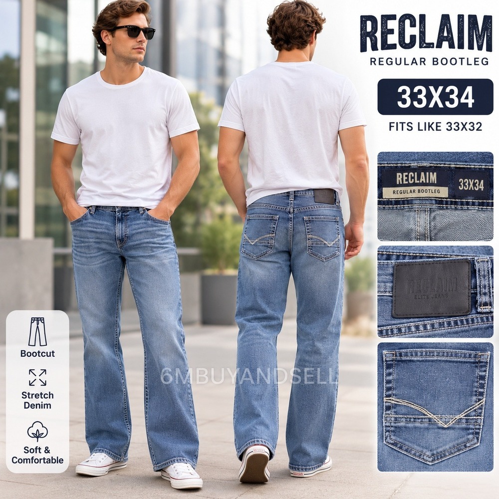 Reclaim Regular Bootleg Mens Jeans 33x34 Blue Stretch Denim FRL247 Fits 33x32